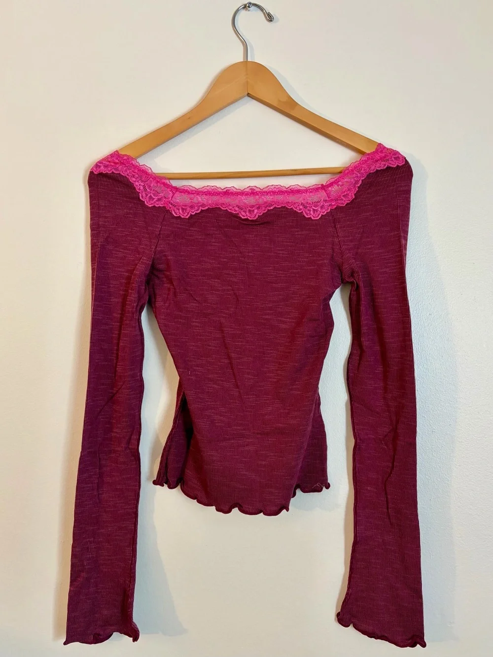 NWT Free People Long Sleeve Scoop Top with Hot Pink Lace Trim